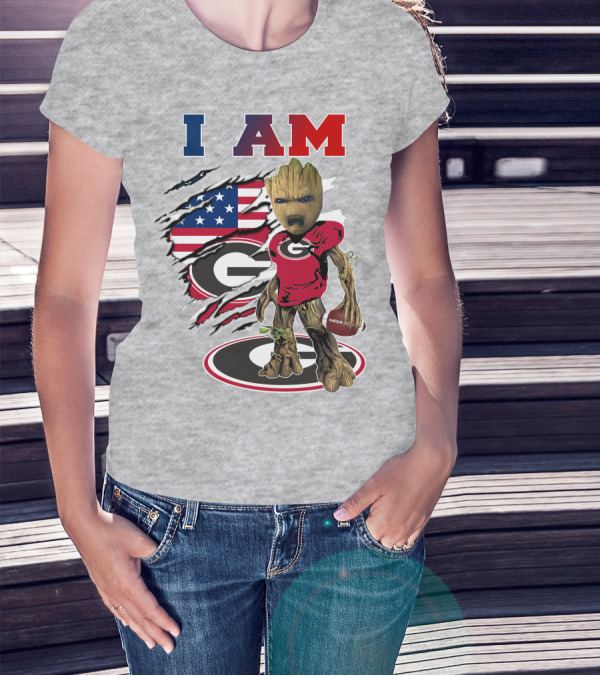 I Am Groot Holding Football Georgia Bulldogs Usa Flag T-Shirt