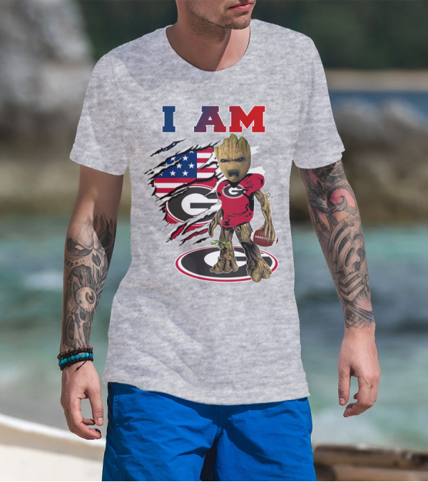 I Am Groot Holding Football Georgia Bulldogs Usa Flag T-Shirt