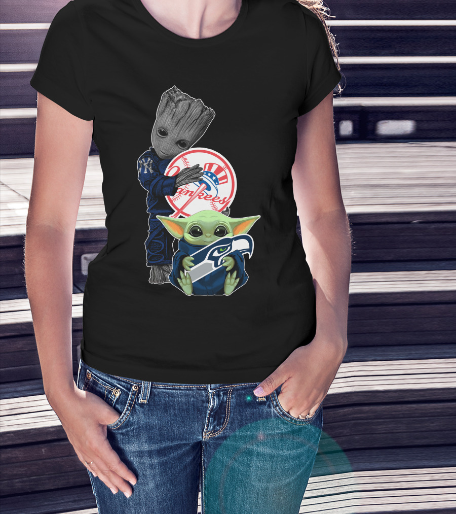 Yankees Baby Yoda With Seahawks And Guardians Of The Galaxy Groot T-Shirt