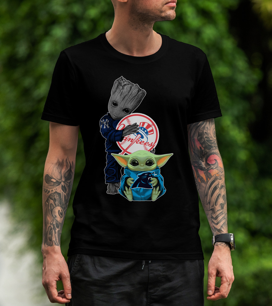 New York Yankees Groot And Panthers Baby Yoda T-Shirt