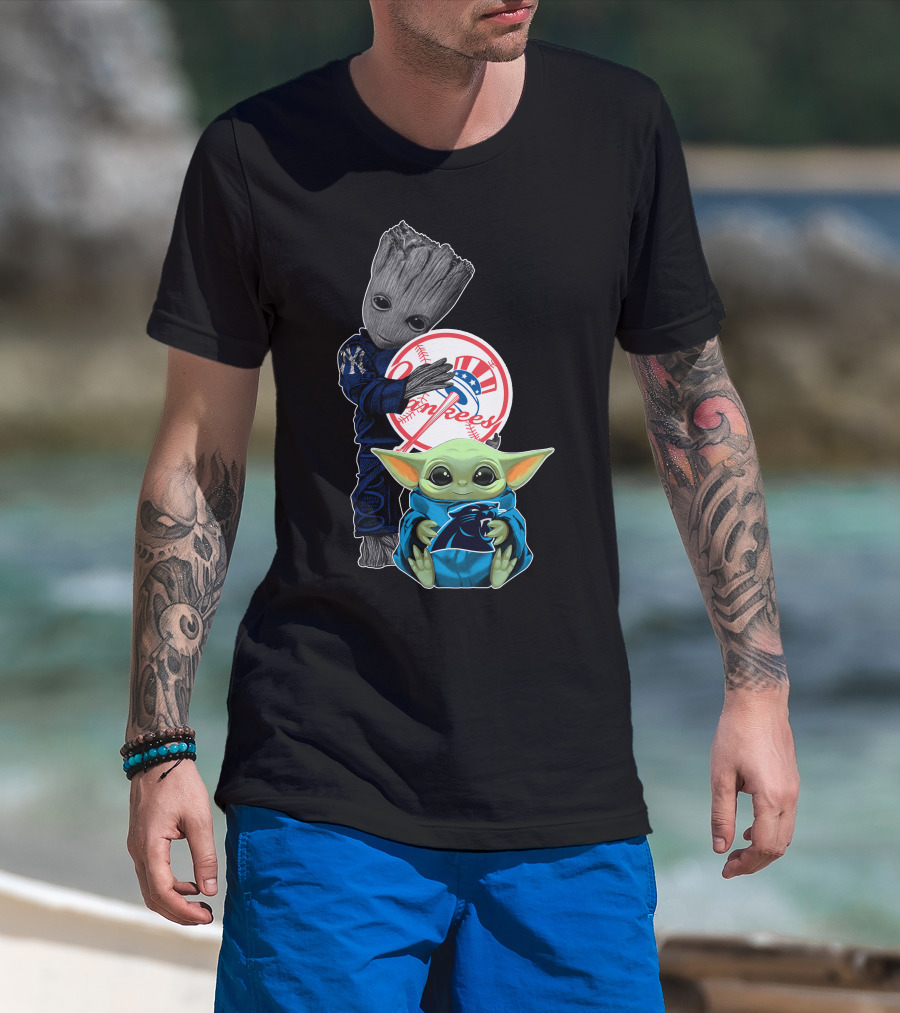 New York Yankees Groot And Panthers Baby Yoda T-Shirt
