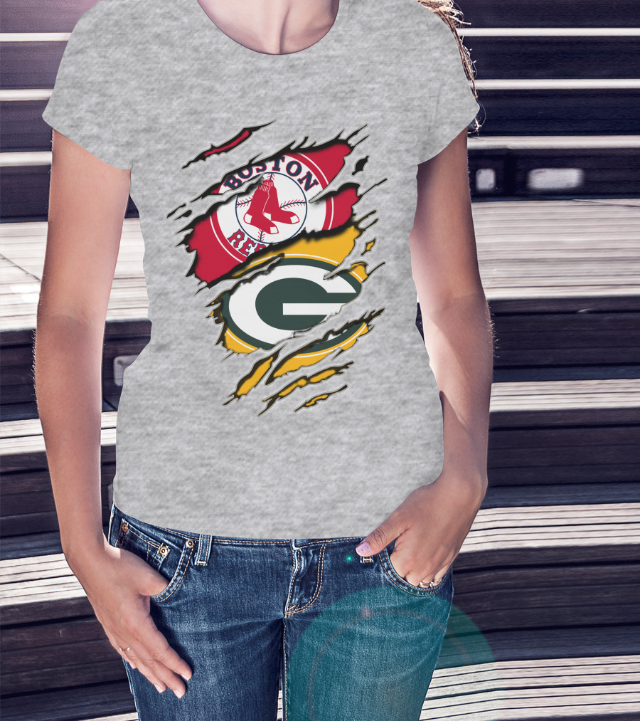 Boston Red Sox And Green Bay Packers Logo Torn T-Shirt