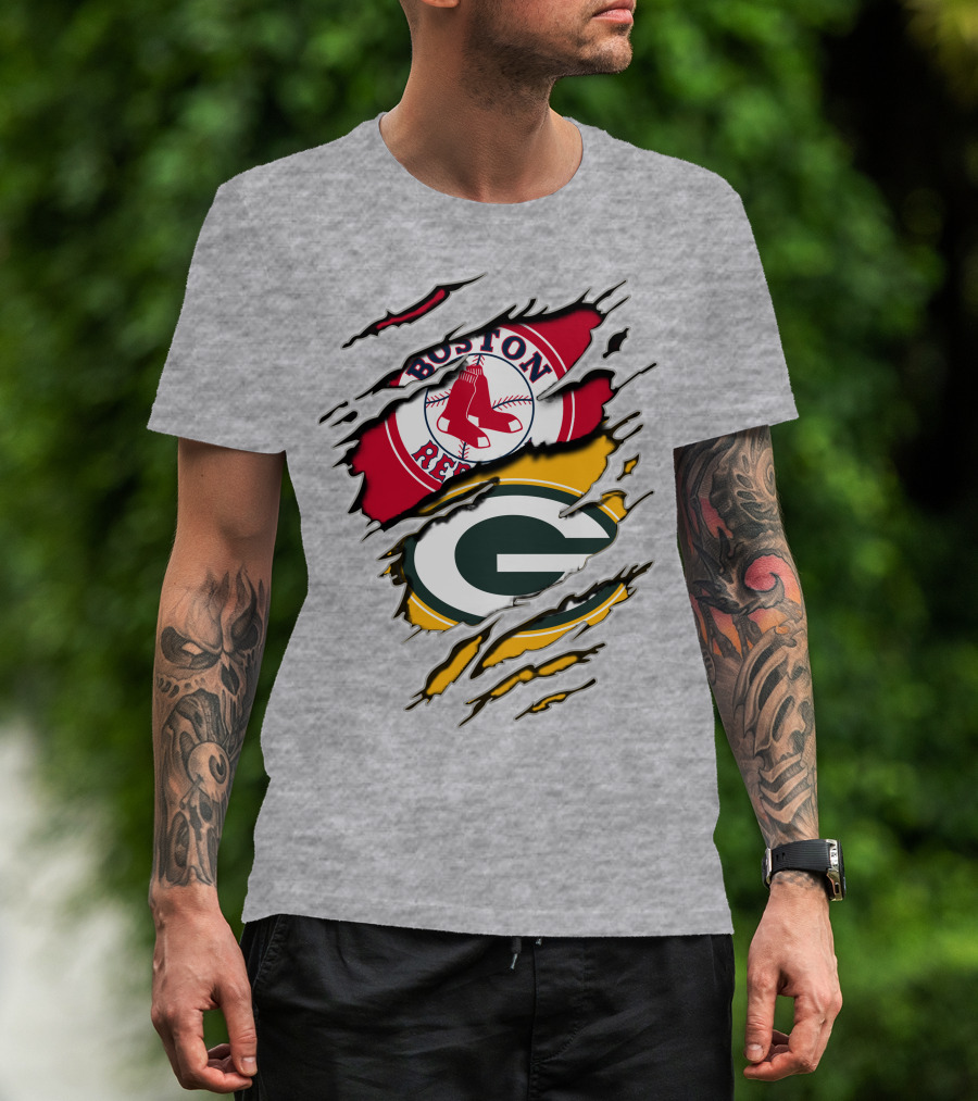 Boston Red Sox And Green Bay Packers Logo Torn T-Shirt