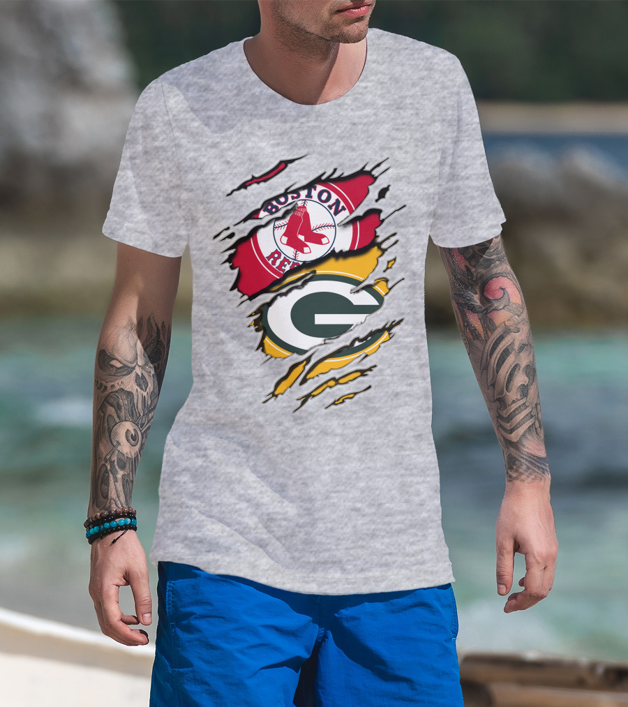 Boston Red Sox And Green Bay Packers Logo Torn T-Shirt