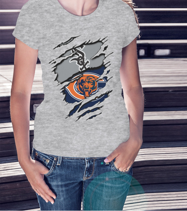 Chicago Bears White Sox Logos Ripped Torn Claw Marks T-Shirt