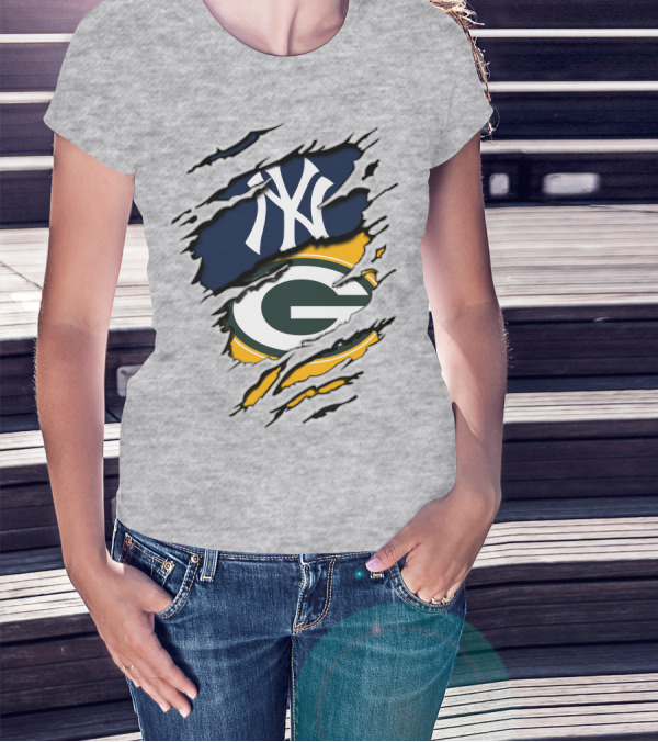 Packers Yankees Dual Logo Fusion With Ripped Effect T-Shirt