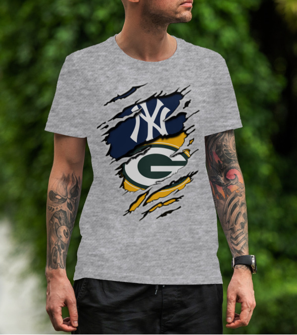 Packers Yankees Dual Logo Fusion With Ripped Effect T-Shirt