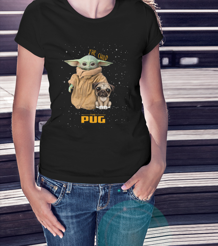 The Child Baby Yoda And Pug In Starry Space Scene T-Shirt