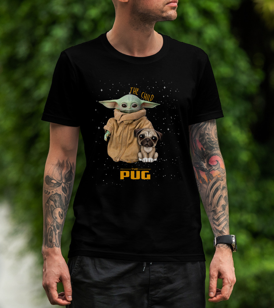 The Child Baby Yoda And Pug In Starry Space Scene T-Shirt