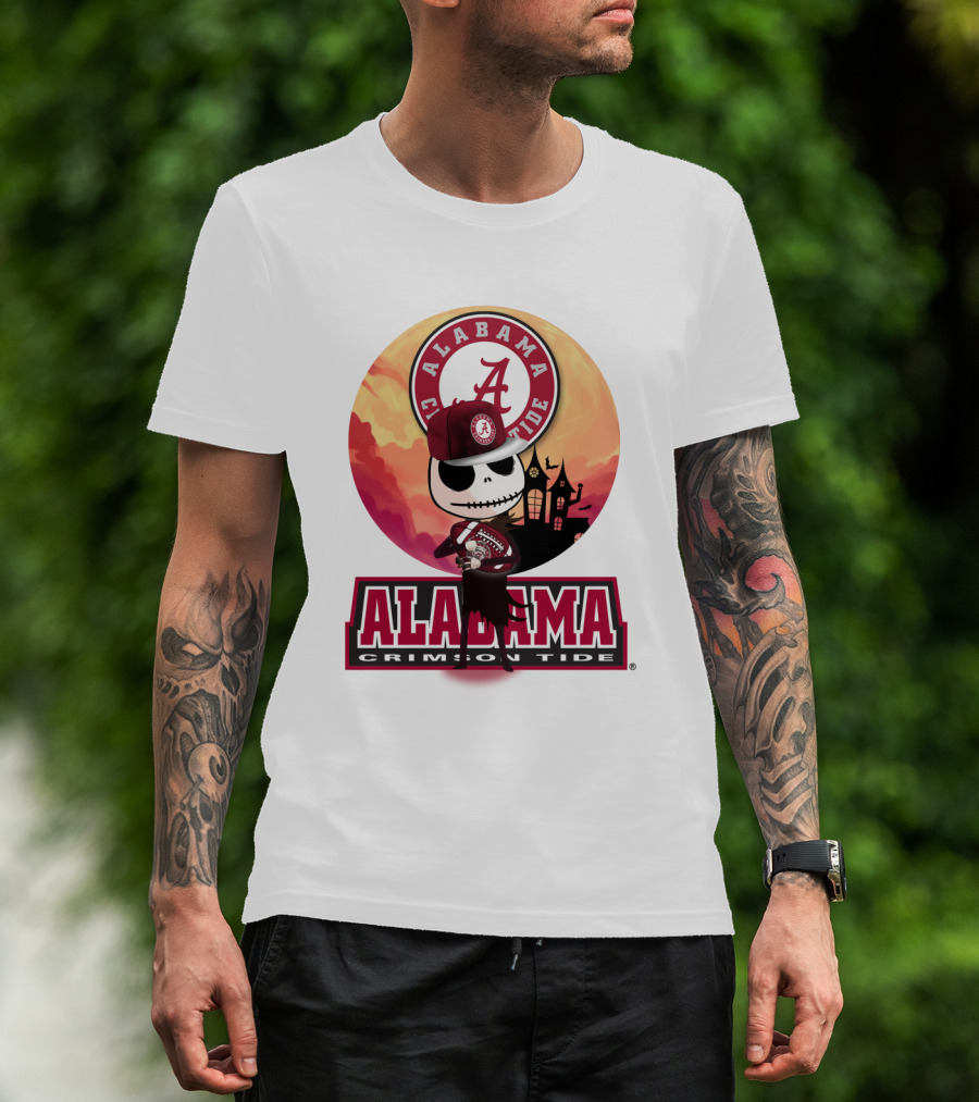 Alabama Crimson Tide Skeleton Character Holding Football In Front Of Haunted House T-Shirt