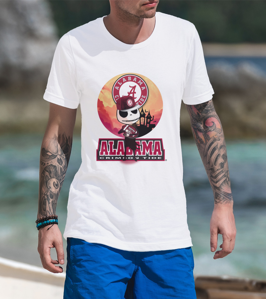 Alabama Crimson Tide Skeleton Character Holding Football In Front Of Haunted House T-Shirt