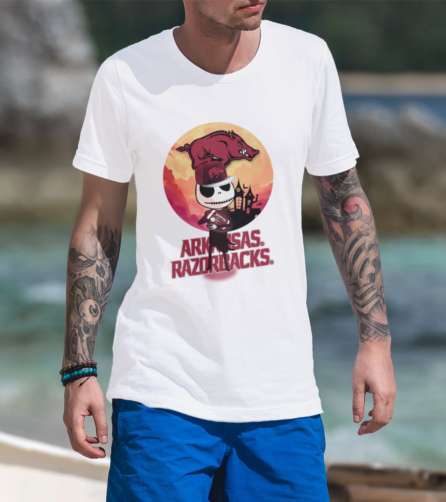 Arkansas Razorbacks Halloween Skull Character With Cap And Football T-Shirt