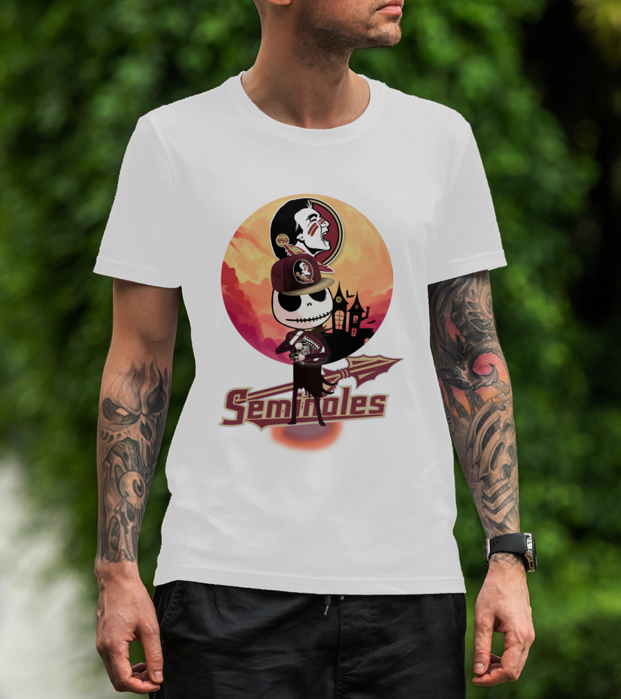 Seminoles Skeleton Character With Florida State Logo And Haunted House Scene T-Shirt