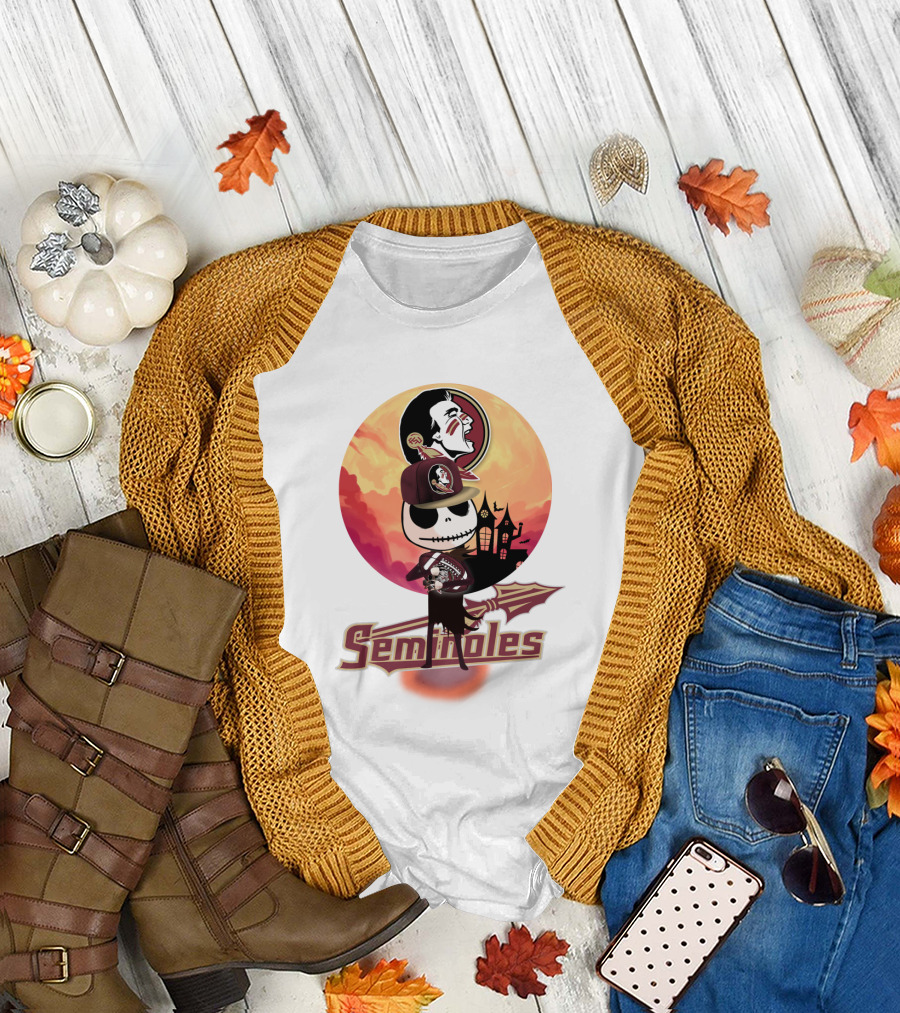 Seminoles Skeleton Character With Florida State Logo And Haunted House Scene T-Shirt