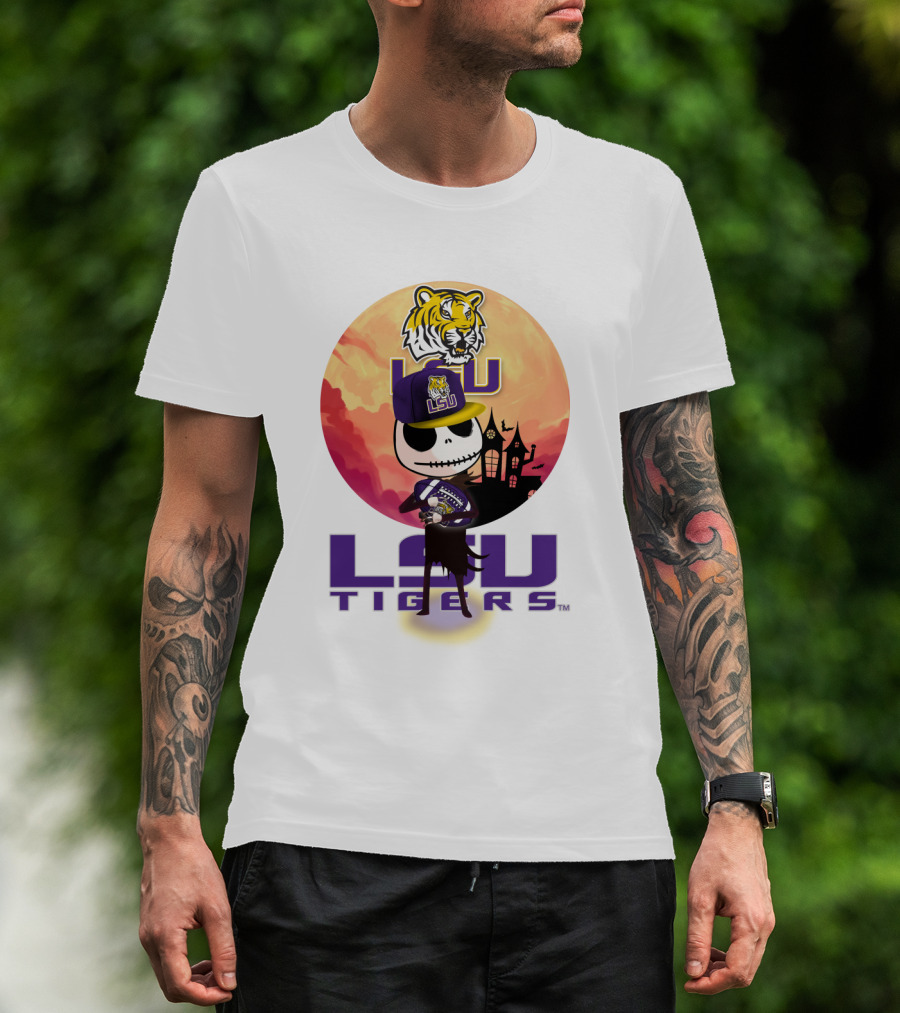 Lsu Tigers Halloween Skeleton In Hat With Tiger And Haunted House T-Shirt