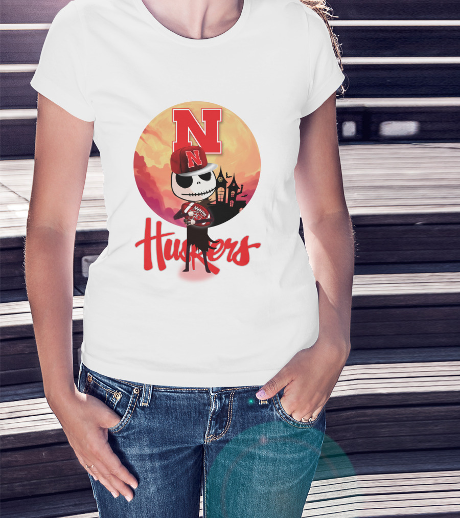 Nebraska Huskers Skeleton Character Halloween Football Scene T-Shirt