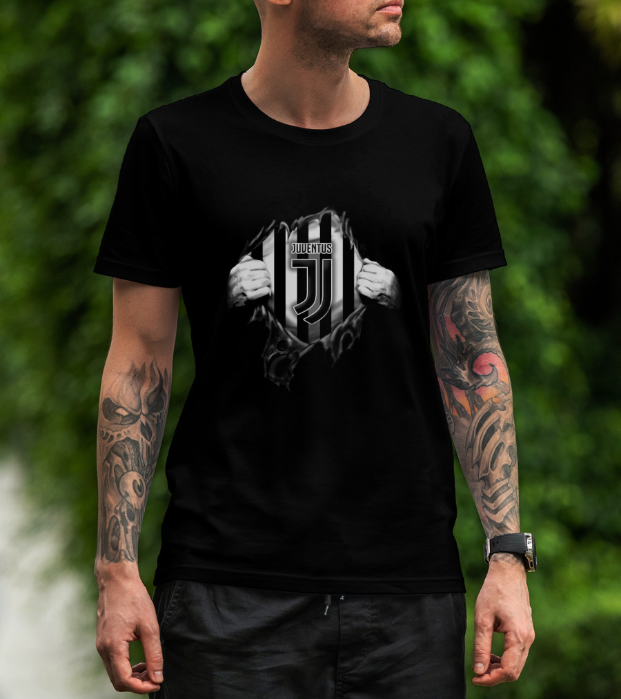 Juventus Fc Black And White Stripes Logo Ripped T-Shirt