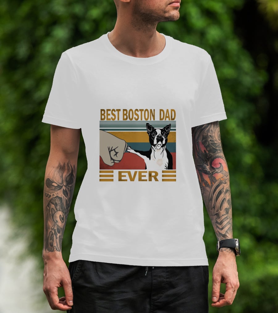Best Boston Dad Ever Retro Style Fist Bump With Boston Terrier T-Shirt