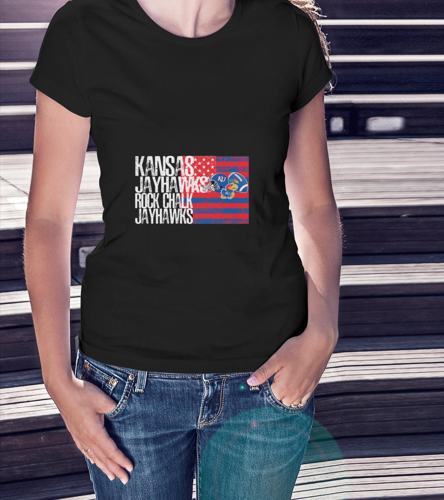Kansas Jayhawks Rock Chalk Jayhawks Ku Football Helmet Stars And Stripes T-Shirt
