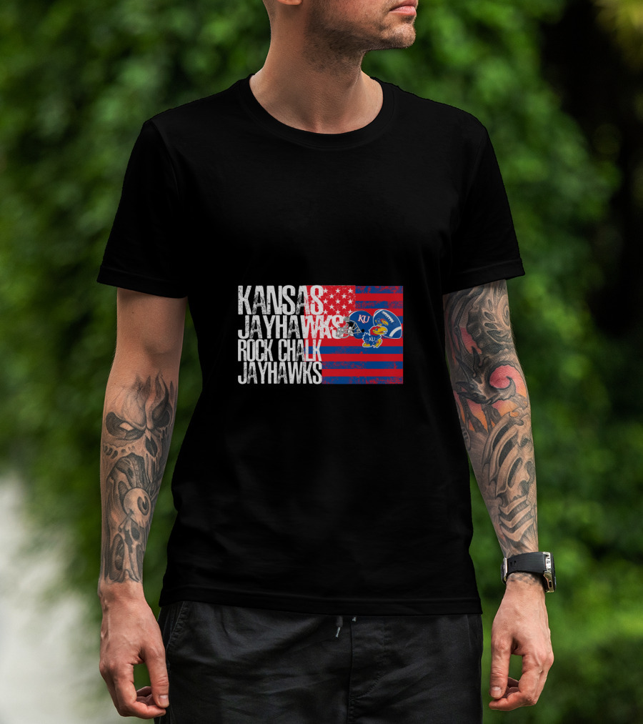Kansas Jayhawks Rock Chalk Jayhawks Ku Football Helmet Stars And Stripes T-Shirt