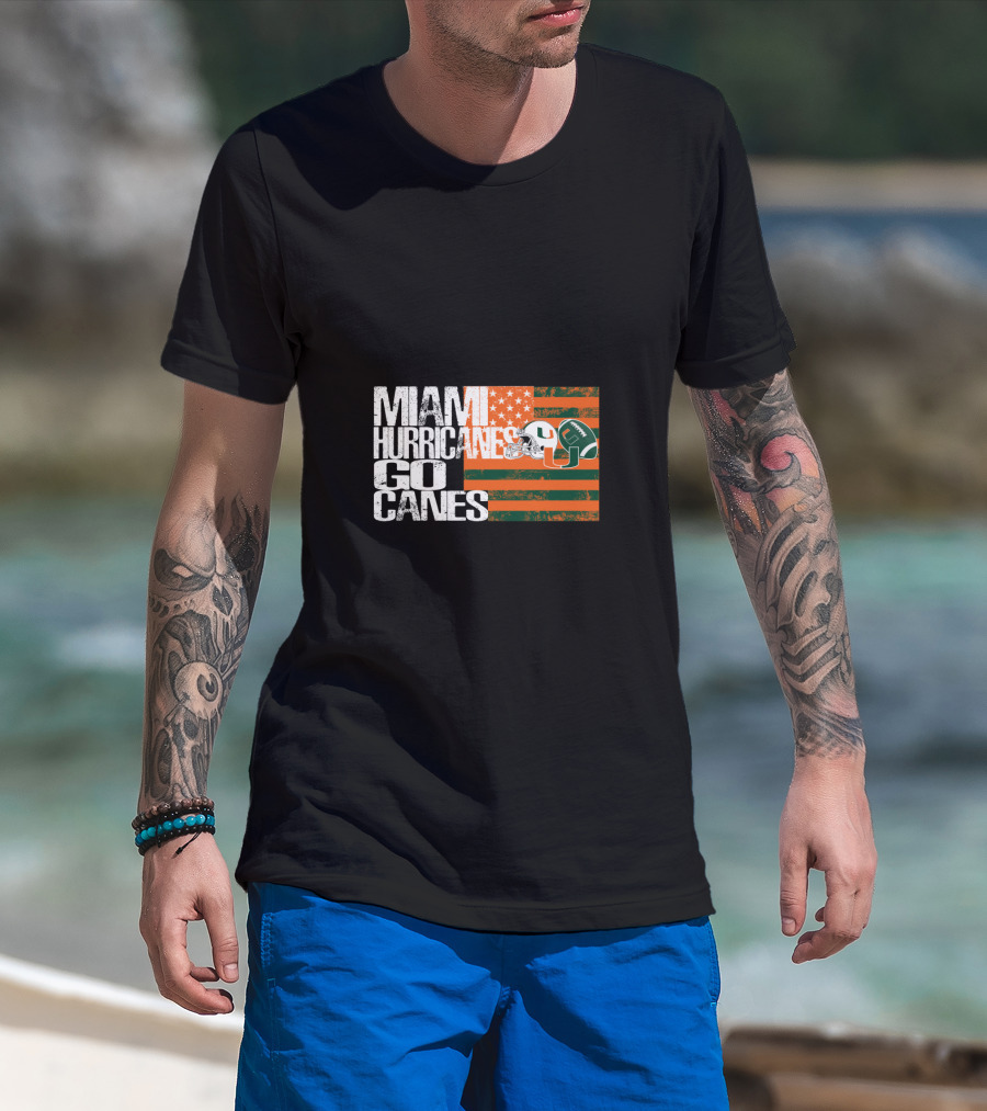 Miami Hurricanes Go Canes American Flag Football Helmets T-Shirt