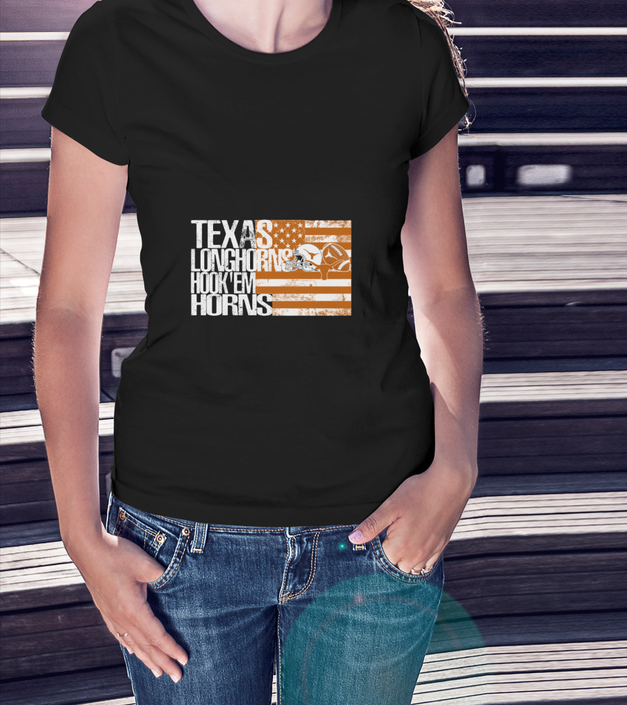 Texas Longhorns Hook 'Em Horns American Flag Football Helmet T-Shirt