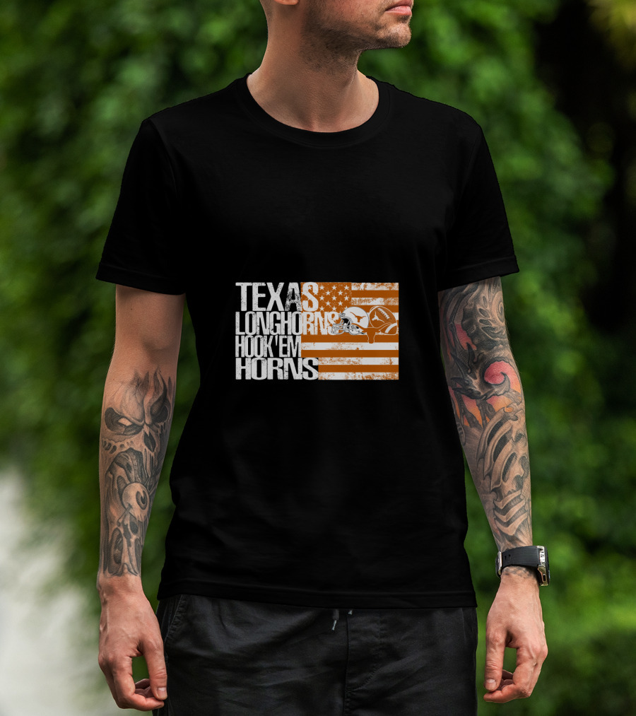 Texas Longhorns Hook 'Em Horns American Flag Football Helmet T-Shirt