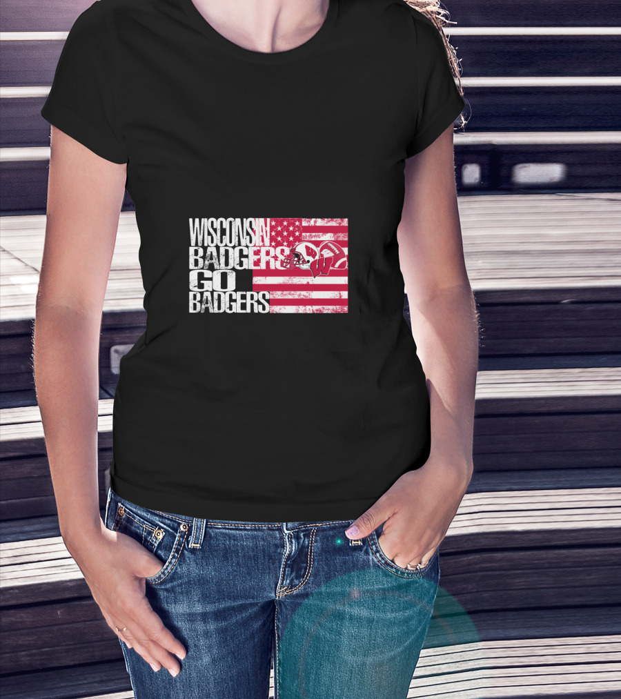 Wisconsin Badgers Go Badgers American Flag Helmet T-Shirt