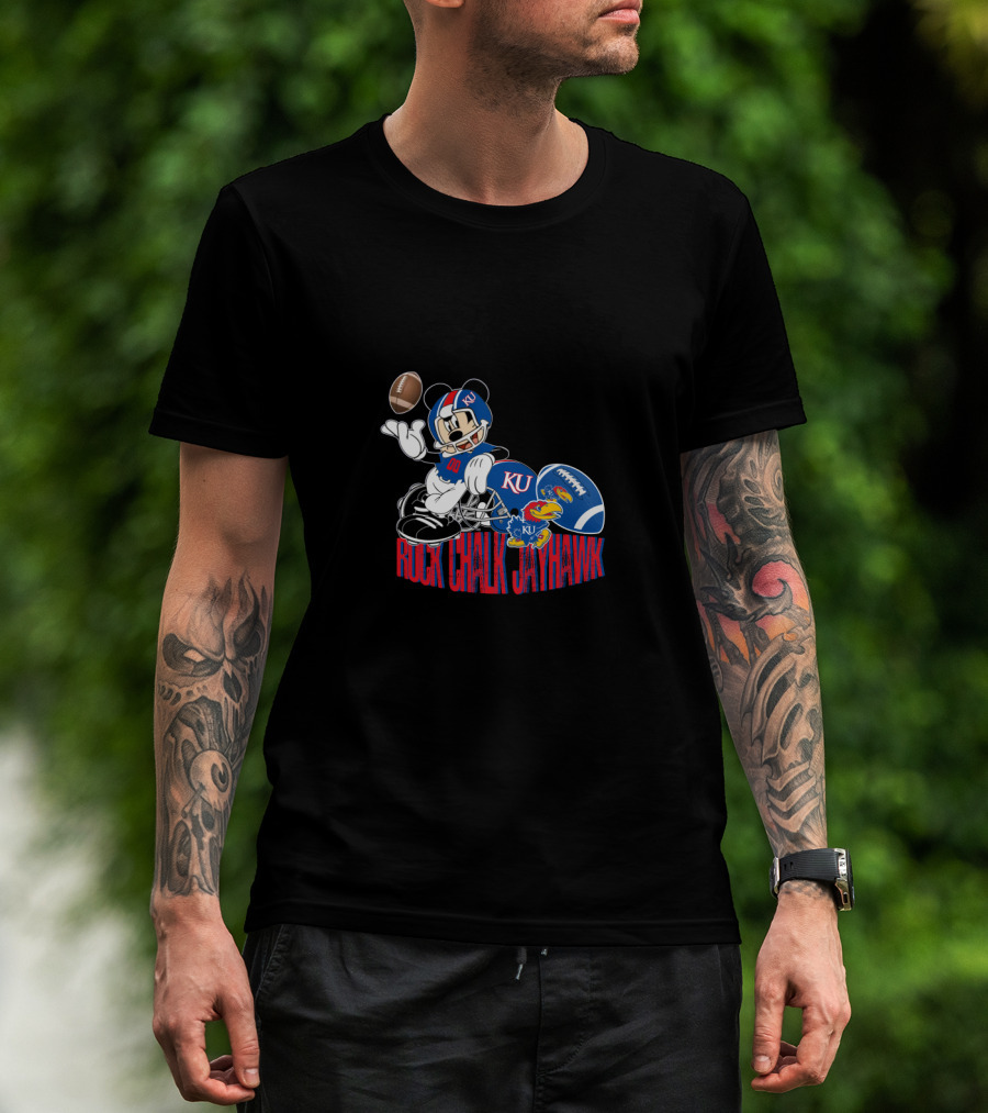 Ku Rock Chalk Jayhawk Football Mickey Mouse T-Shirt