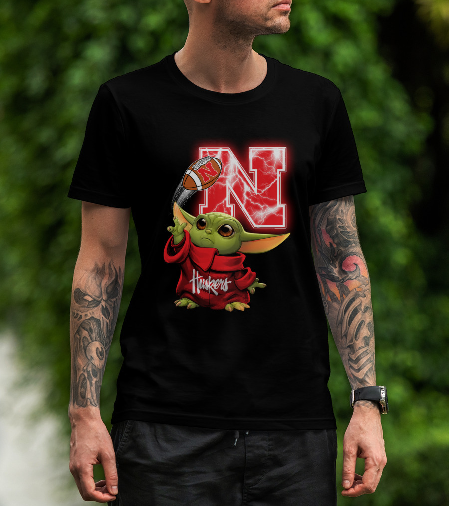 Huskers Baby Yoda Football Nebraska N T-Shirt