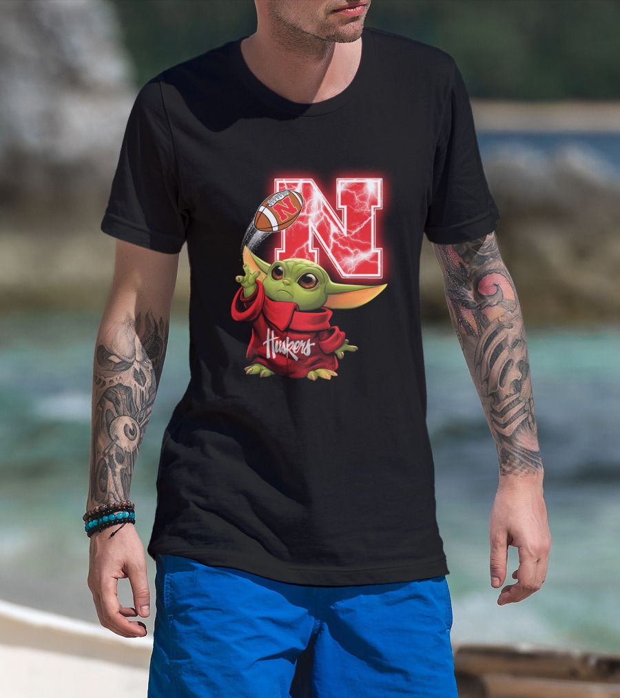 Huskers Baby Yoda Football Nebraska N T-Shirt