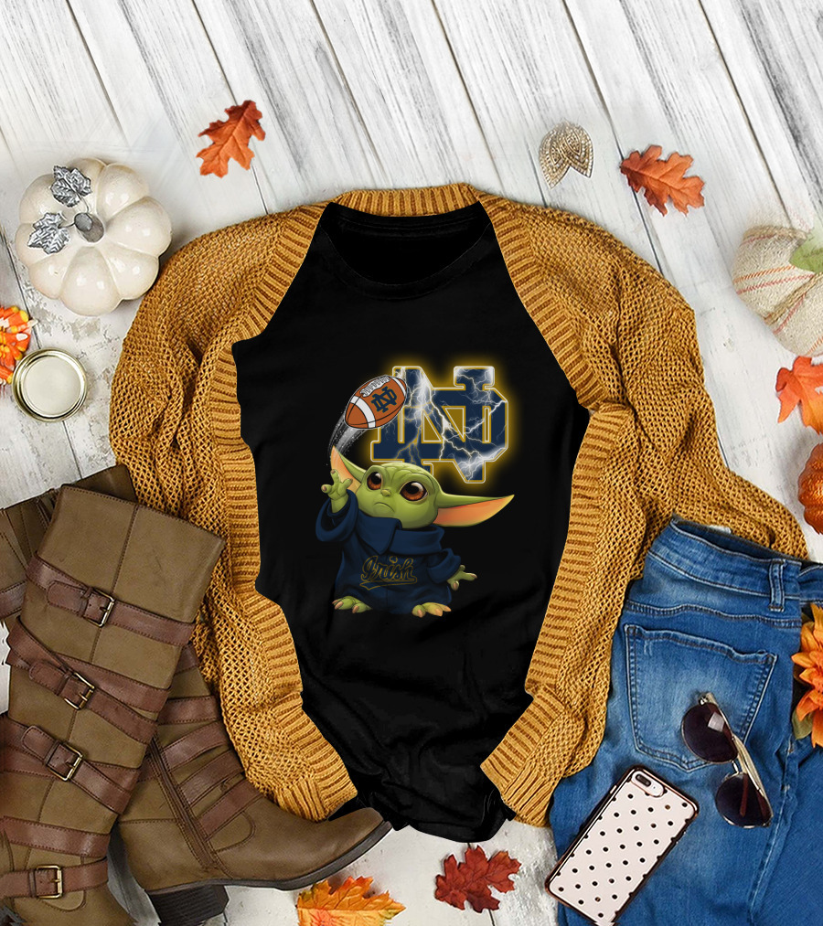 Notre Dame Irish Baby Yoda Football Lightning T-Shirt