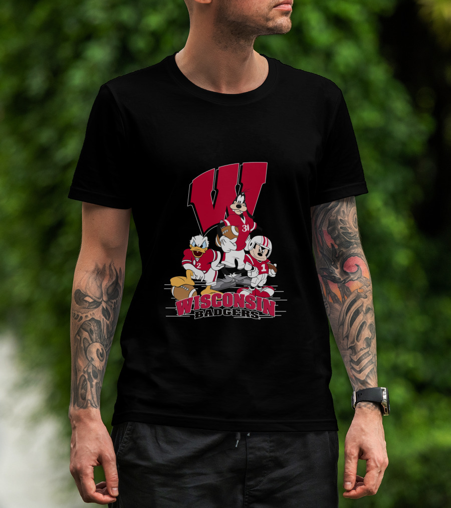 Wisconsin Badgers Donald Duck Goofy Mickey Mouse Football T-Shirt