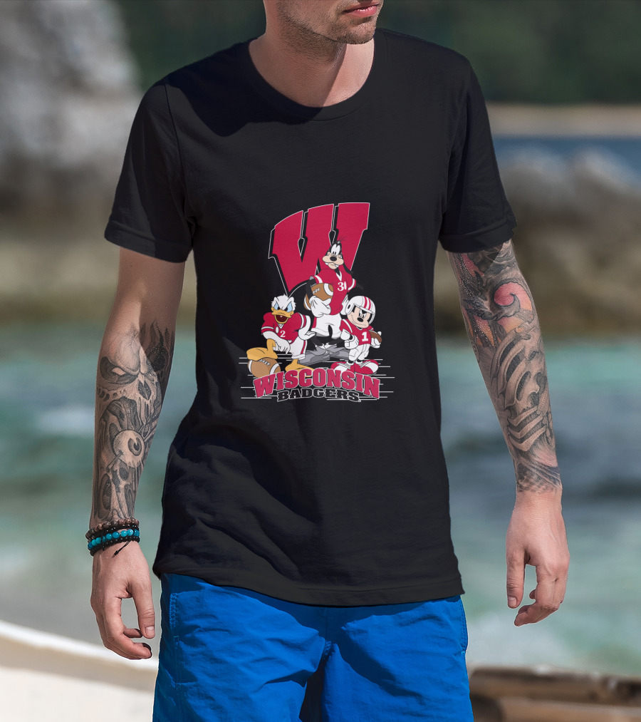 Wisconsin Badgers Donald Duck Goofy Mickey Mouse Football T-Shirt