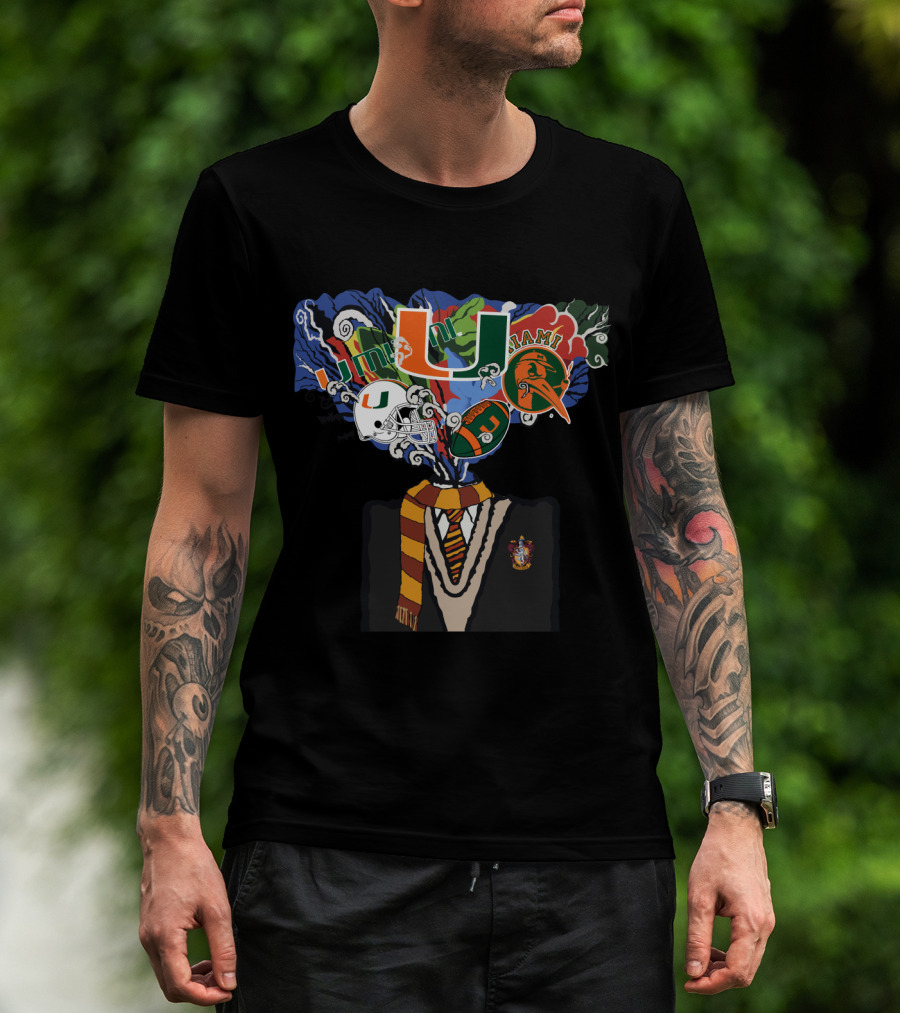 University Of Miami U Logo With Football And Gryffindor Sweater And Scarf T-Shirt