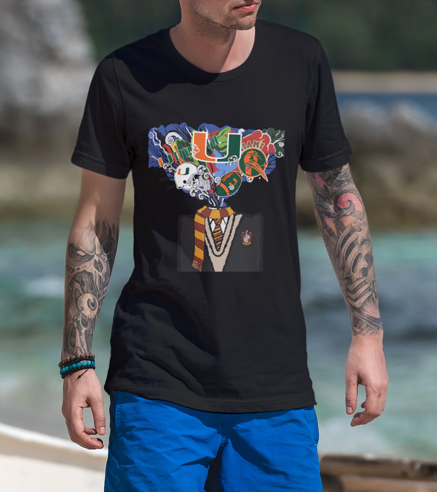 University Of Miami U Logo With Football And Gryffindor Sweater And Scarf T-Shirt