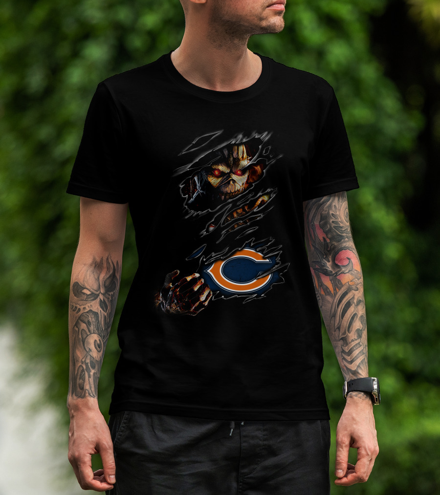 Chicago Bears Halloween Horror Claw Rips With Scary Monster Face T-Shirt