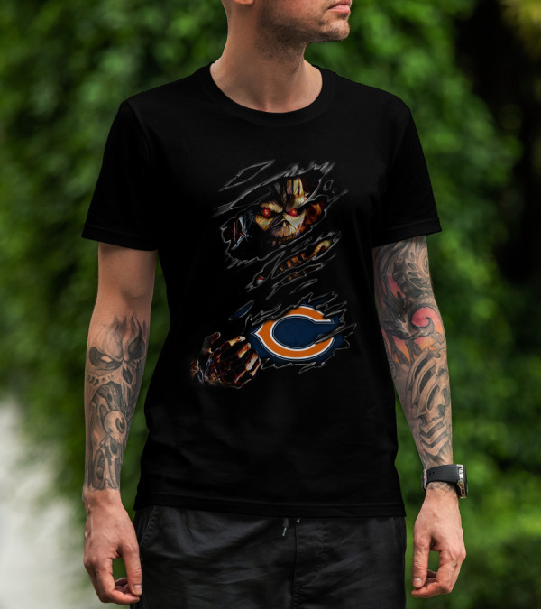 Chicago Bears Halloween Horror Claw Rips With Scary Monster Face T-Shirt