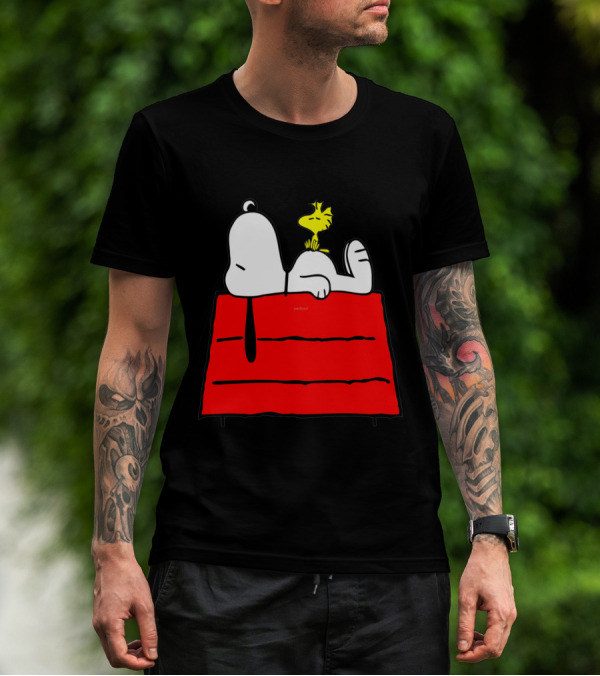 Snoopy Sleeping On Red Doghouse With Woodstock T-Shirt