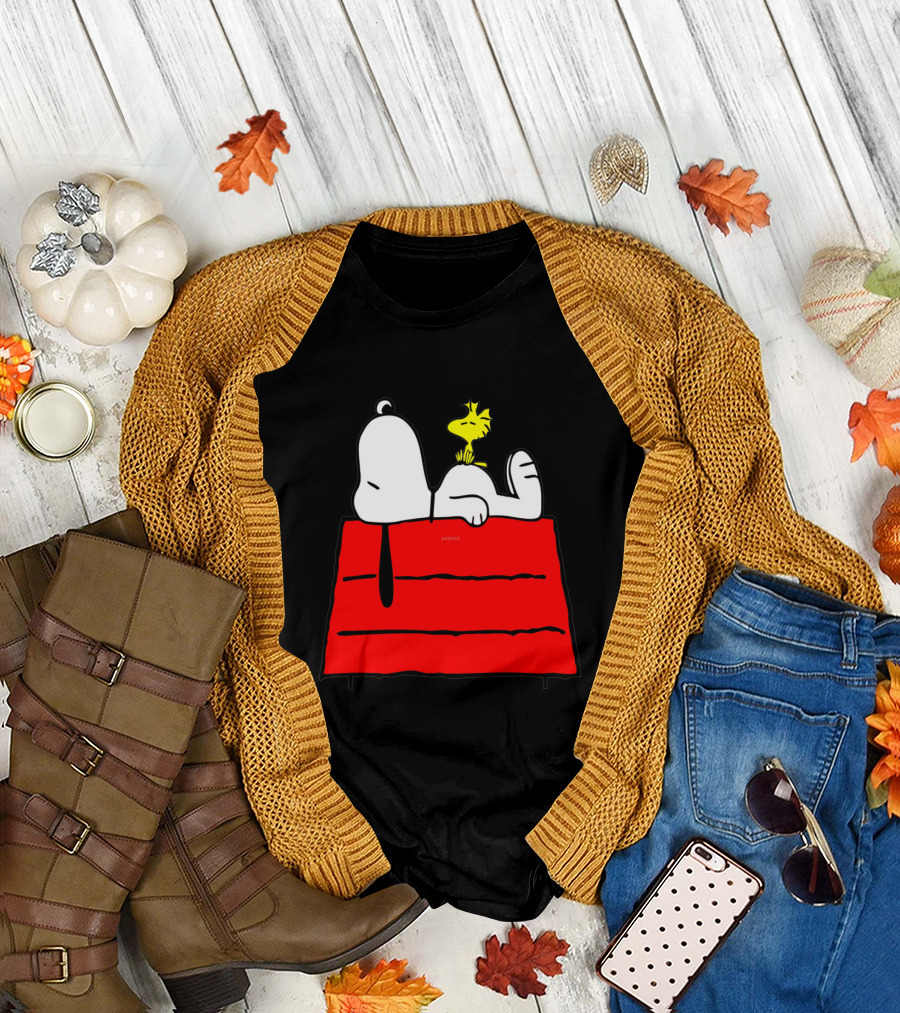 Snoopy Sleeping on Red Doghouse with Woodstock T-Shirt