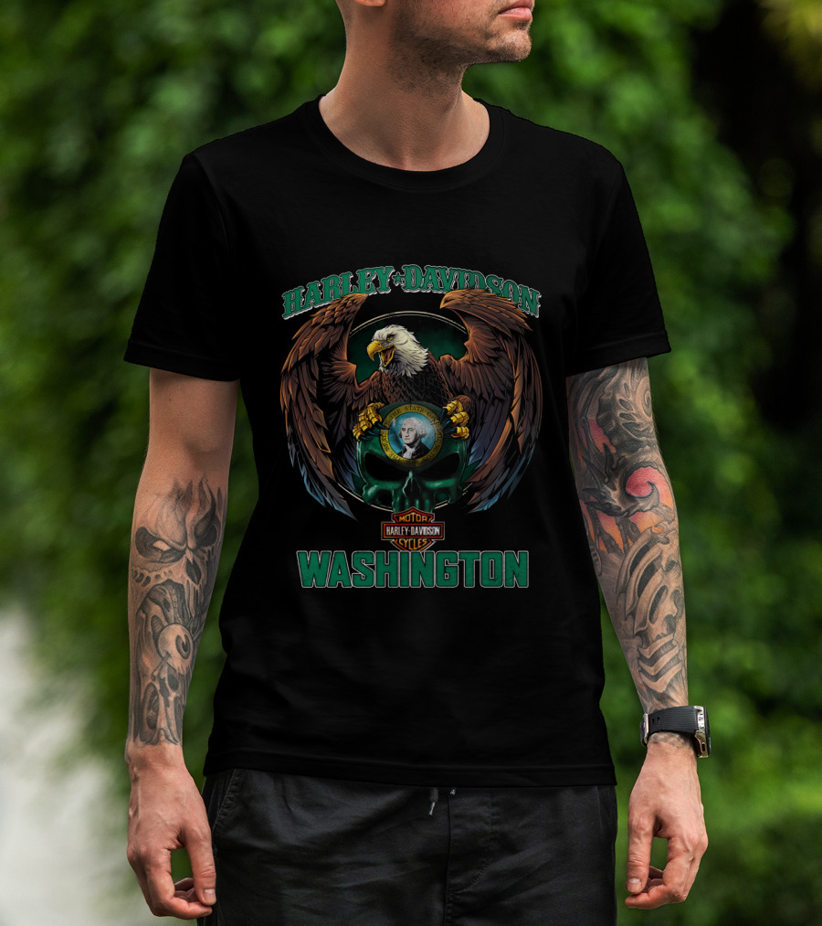 Harley Davidson Washington Eagle And George Skull T-Shirt