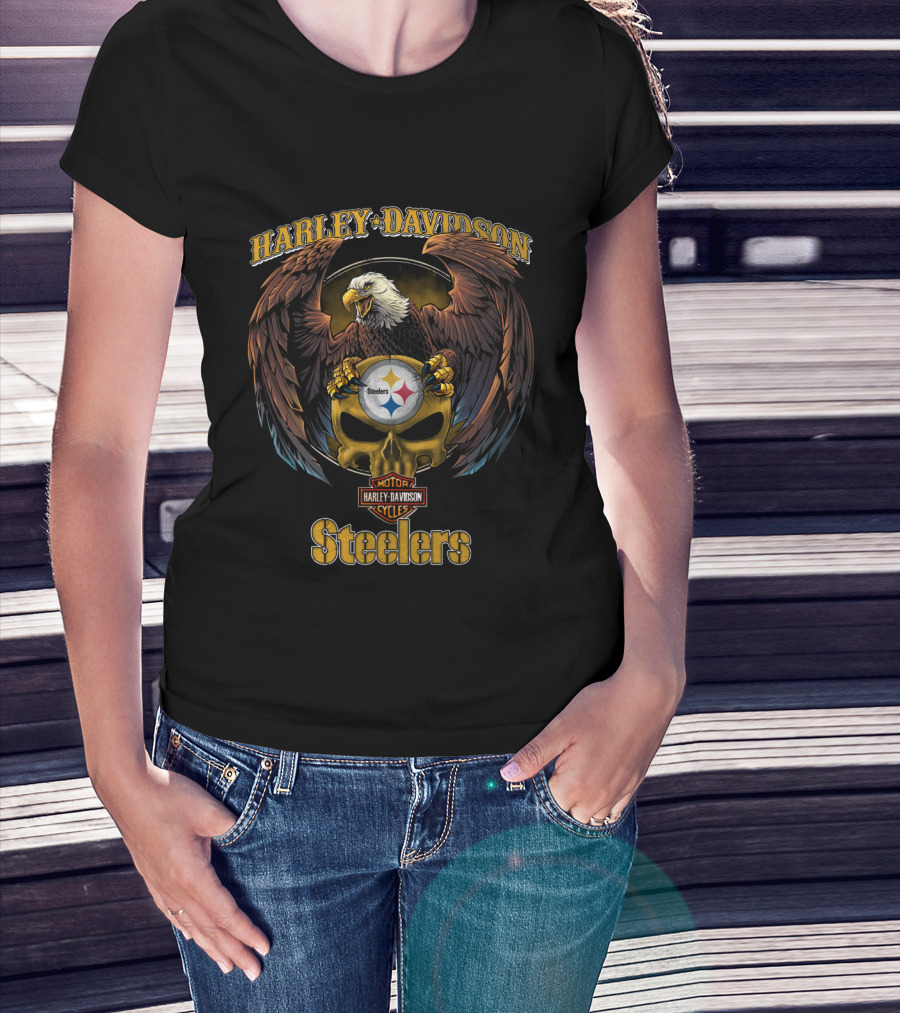 Harley Davidson Motor Cycles Eagle Skull Pittsburgh Steelers T-Shirt