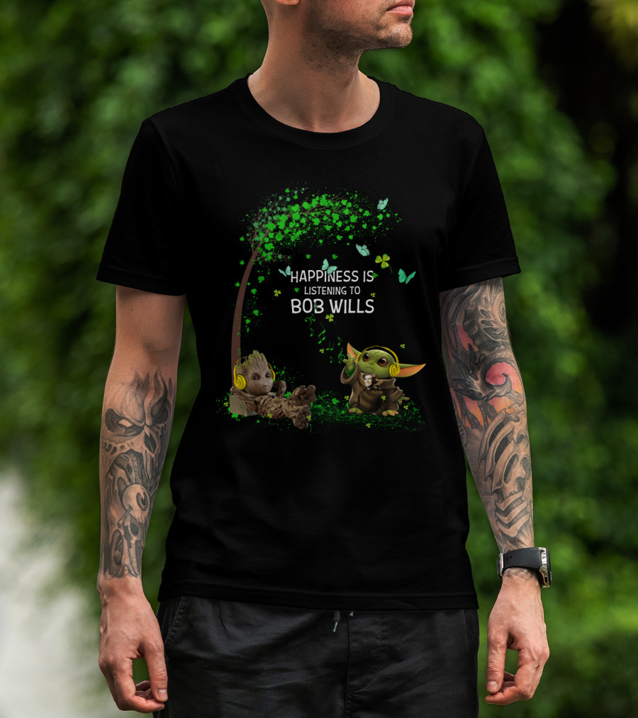 Happiness Is Listening To Bob Wills With Cute Characters Under Tree And Flowers T-Shirt