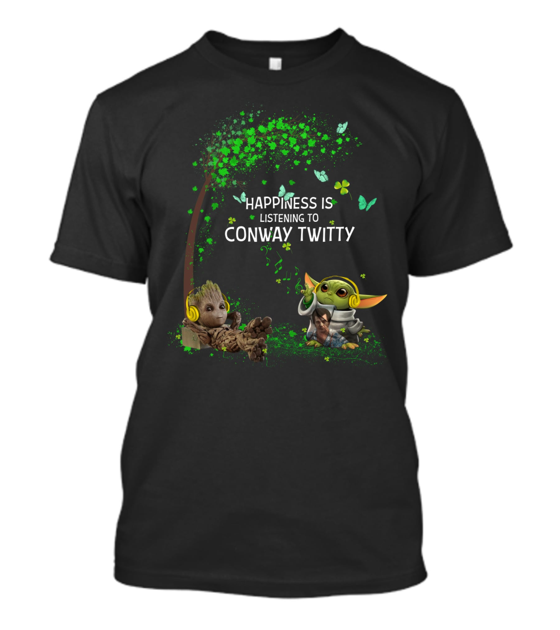 Happiness Is Listening To Conway Twitty Featuring Baby Groot And Baby Yoda T-Shirt