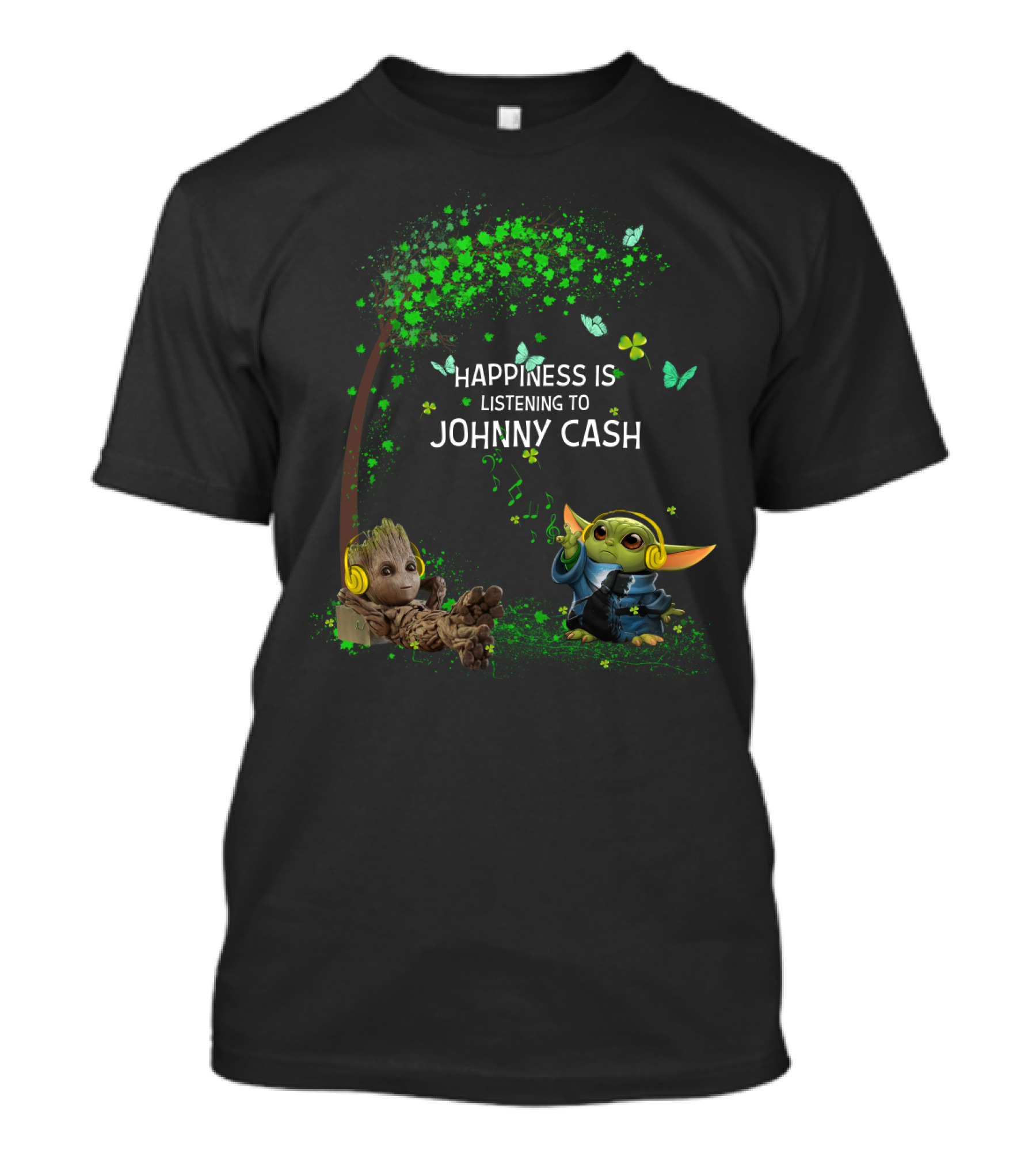 Happiness Is Listening To Johnny Cash Groot And Baby Yoda T-Shirt