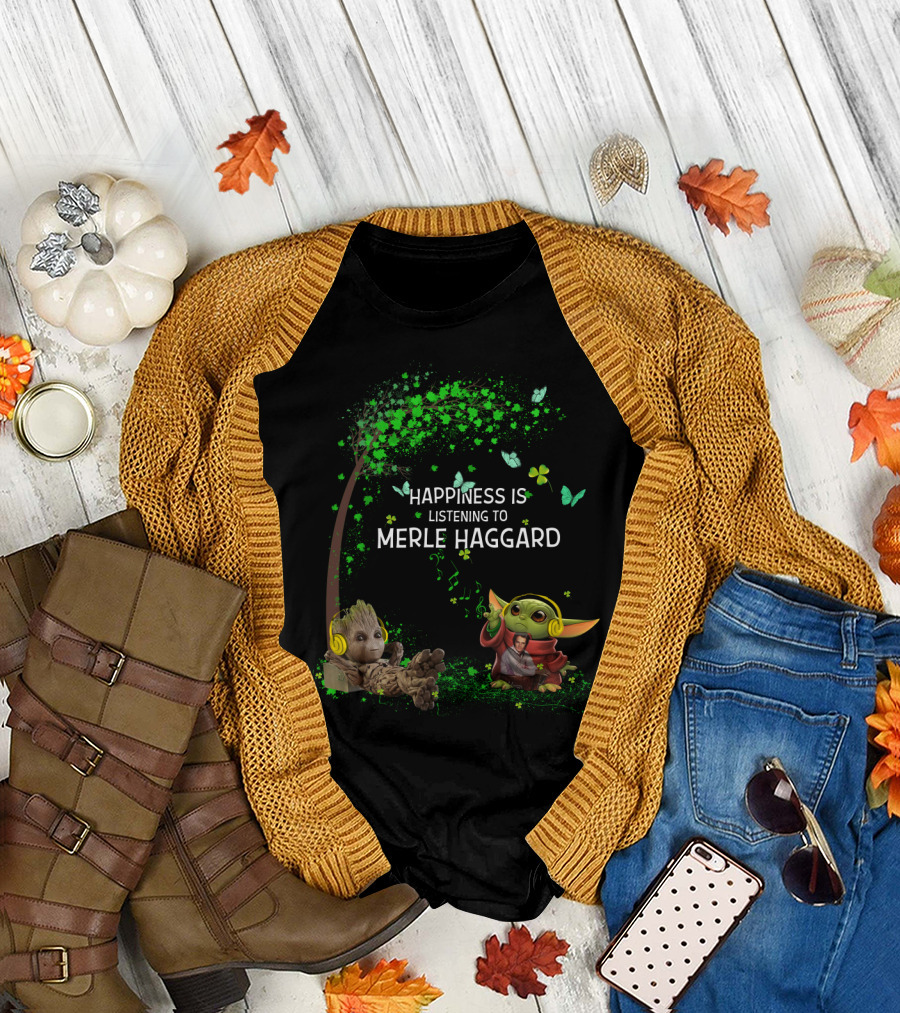 Happiness Is Listening To Merle Haggard With Headphone Characters And Green Leaves T-Shirt