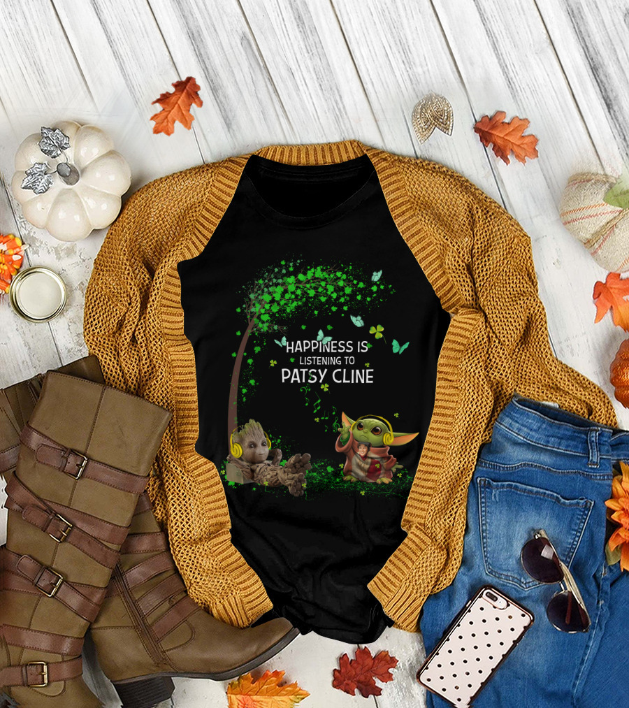 Happiness Is Listening To Patsy Cline With Groot And Baby Yoda T-Shirt