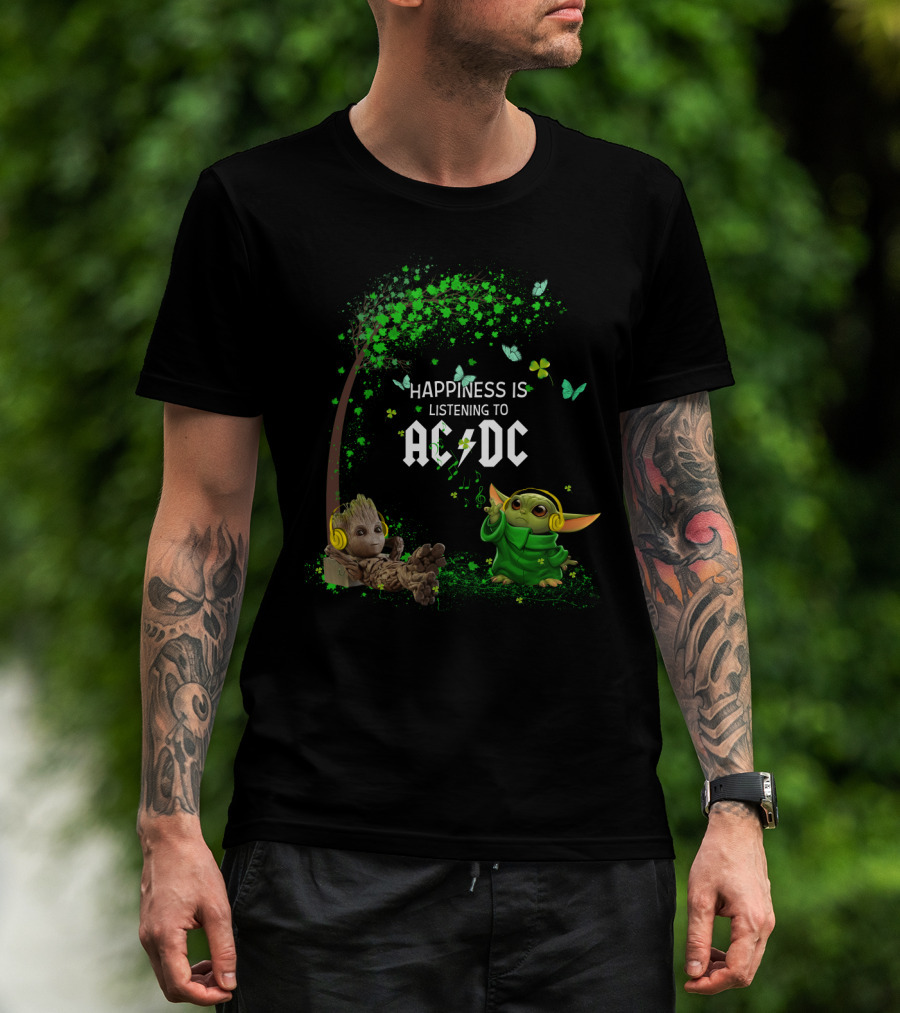 Happiness Is Listening To Ac/Dc Groot Baby Yoda Collaboration T-Shirt