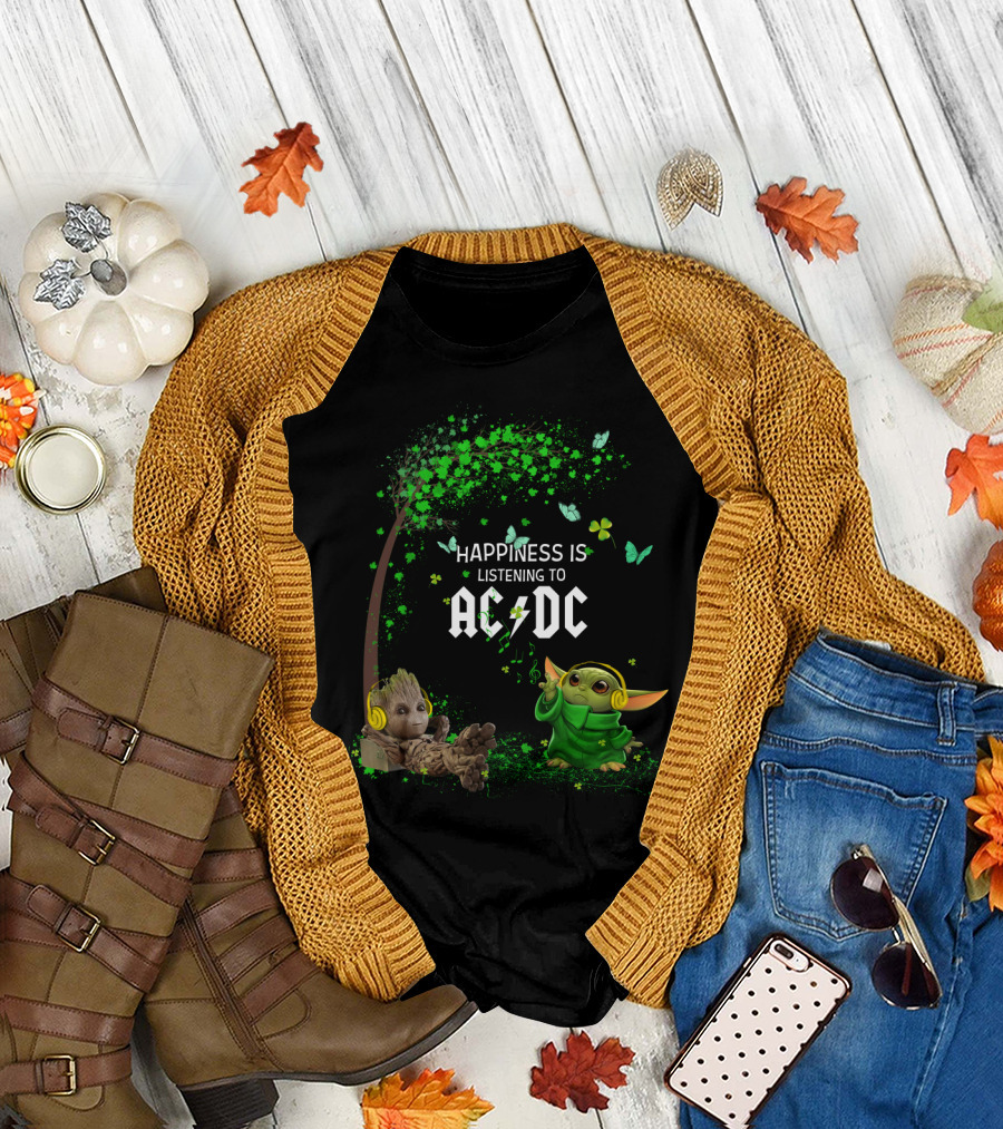 Happiness Is Listening To Ac/Dc Groot Baby Yoda Collaboration T-Shirt