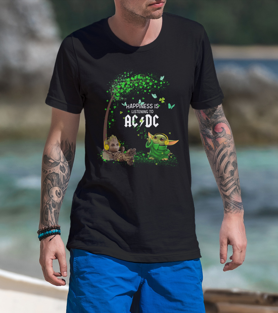 Happiness Is Listening To Ac/Dc Groot Baby Yoda Collaboration T-Shirt